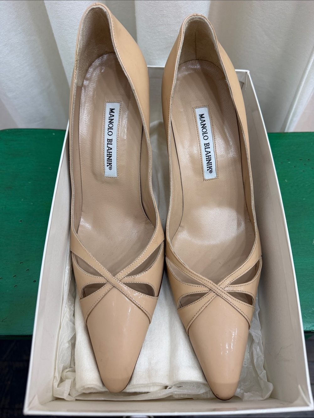 Manolo Blahnik Beige Patent Leather Pointed-Toe Pumps with Crisscross Straps